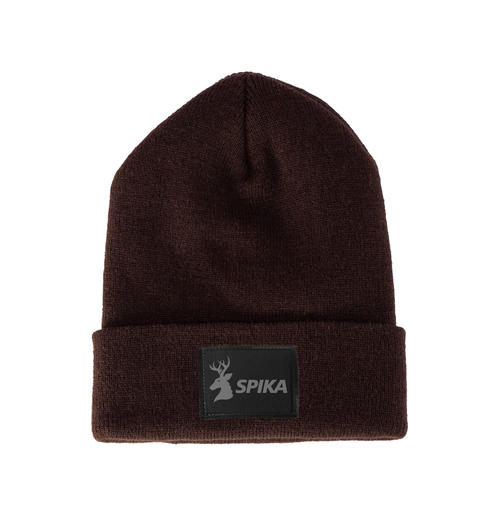 Spika Summit adult cuffed knit beanie in Brown with black Spika deer logo patch on the cuff