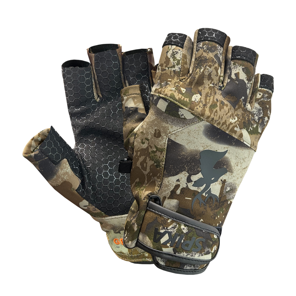 Spika Precision men's fingerless shooting gloves in Biarri Camo, pair showing back and palm grip