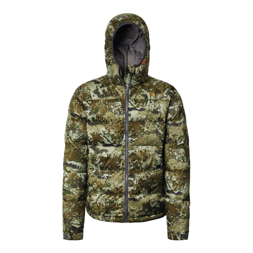 Spika Terra men's hooded down puffer jacket in Biarri Camo, front view with contrast grey zip
