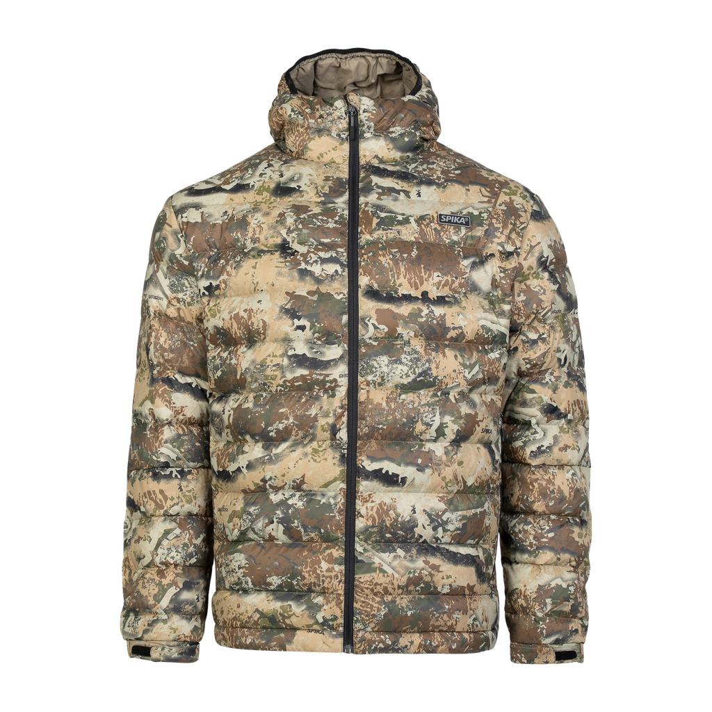 Spika Hideout men's packable puffer jacket in Biarri Camo, front view with hood and full zip