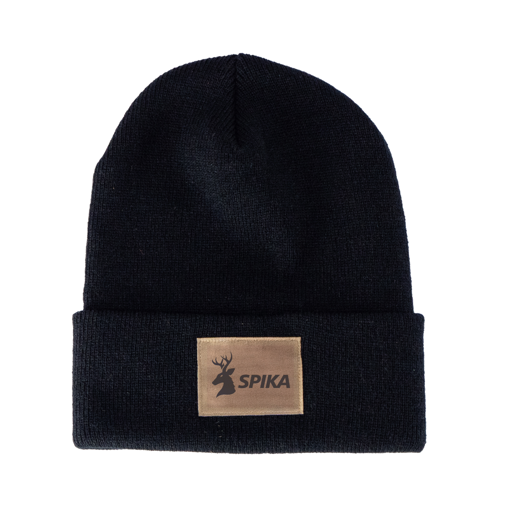 Spika Summit adult cuffed knit beanie in Black with tan leather-look Spika deer logo patch
