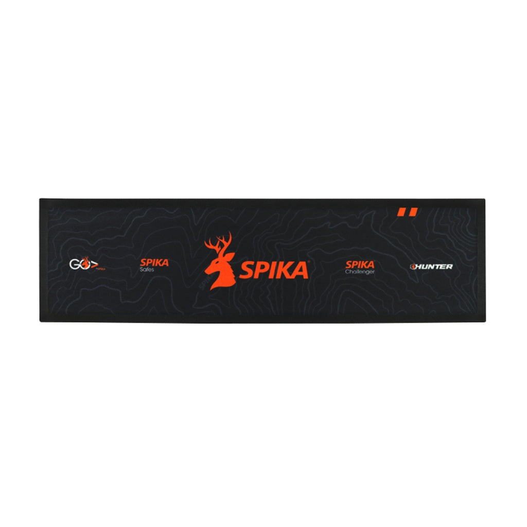 Spika bar mat in black with orange Spika stag logo and Spika product range branding