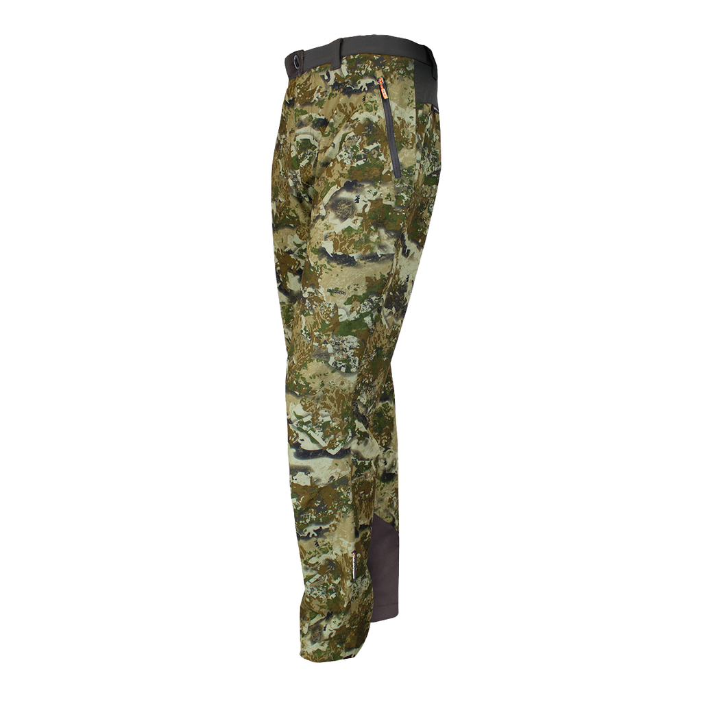 Spika Valley men's hunting pants in Biarri Camo, front view with grey reinforced panels