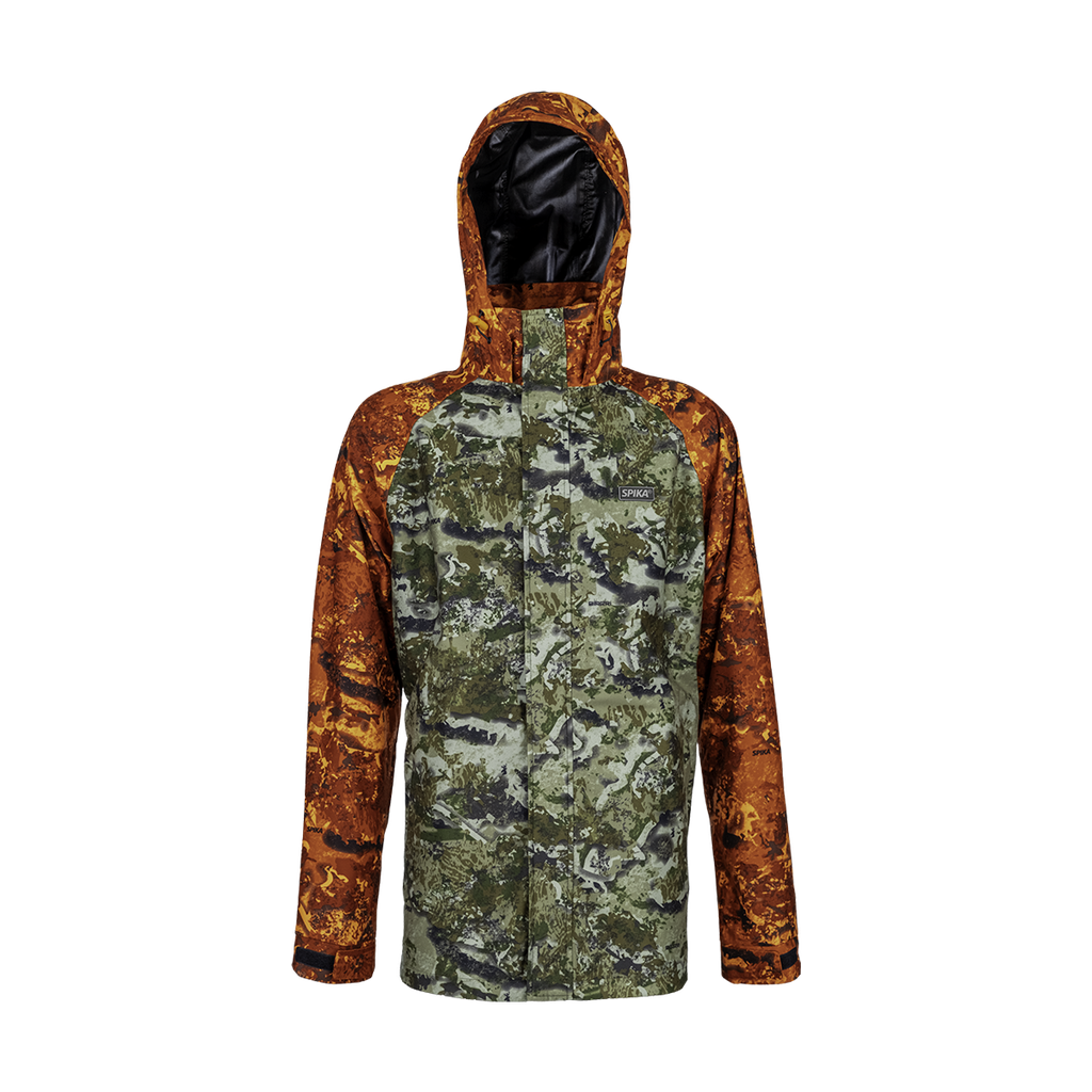 Spika Valley men's hunting jacket in Biarri Camo with Blaze sleeves and hood, front view