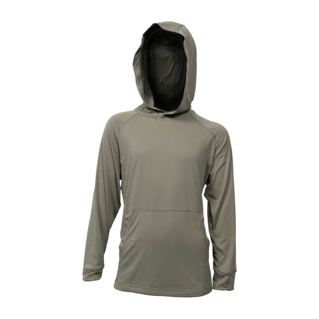 Spika Bandit youth hoodie in Moss Green with hood and front kangaroo pocket, front view