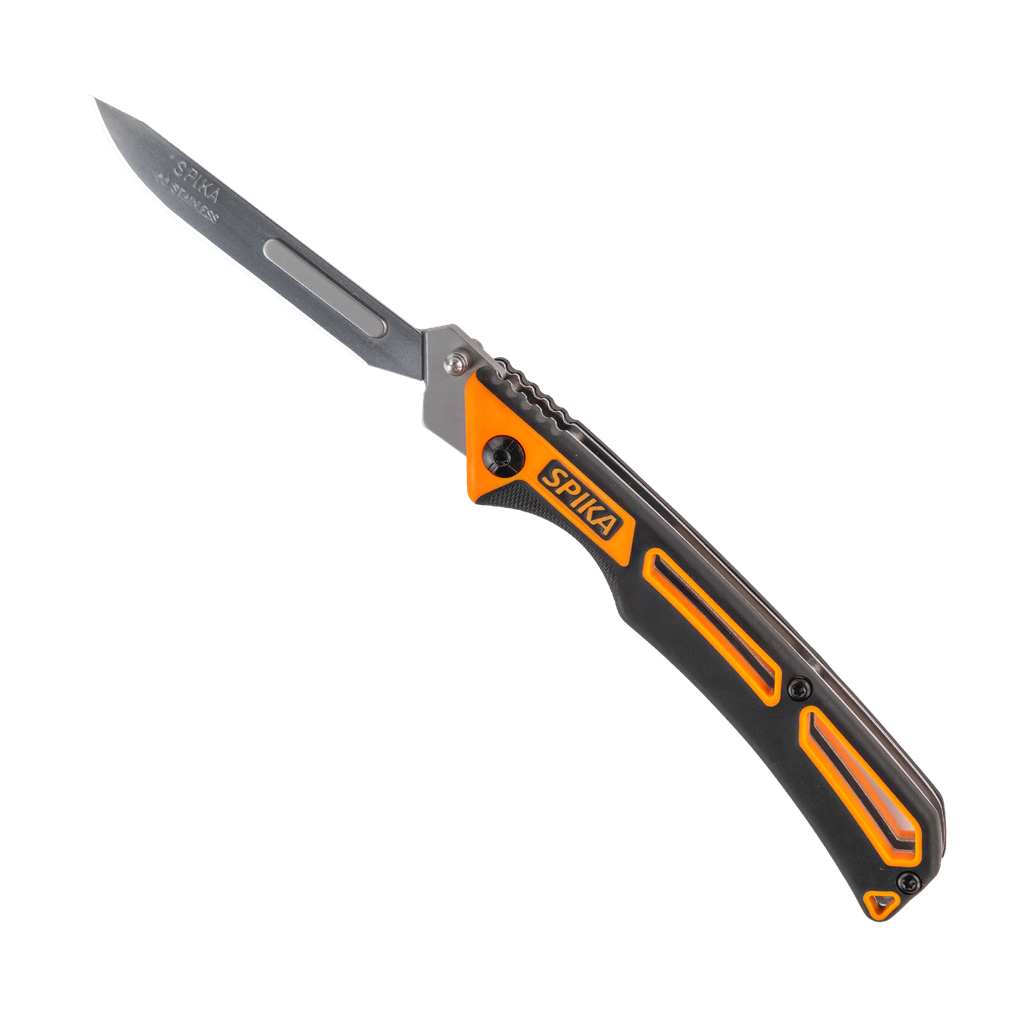 Spika Command folding scalpel opened, replaceable scalpel blade with orange and black handle