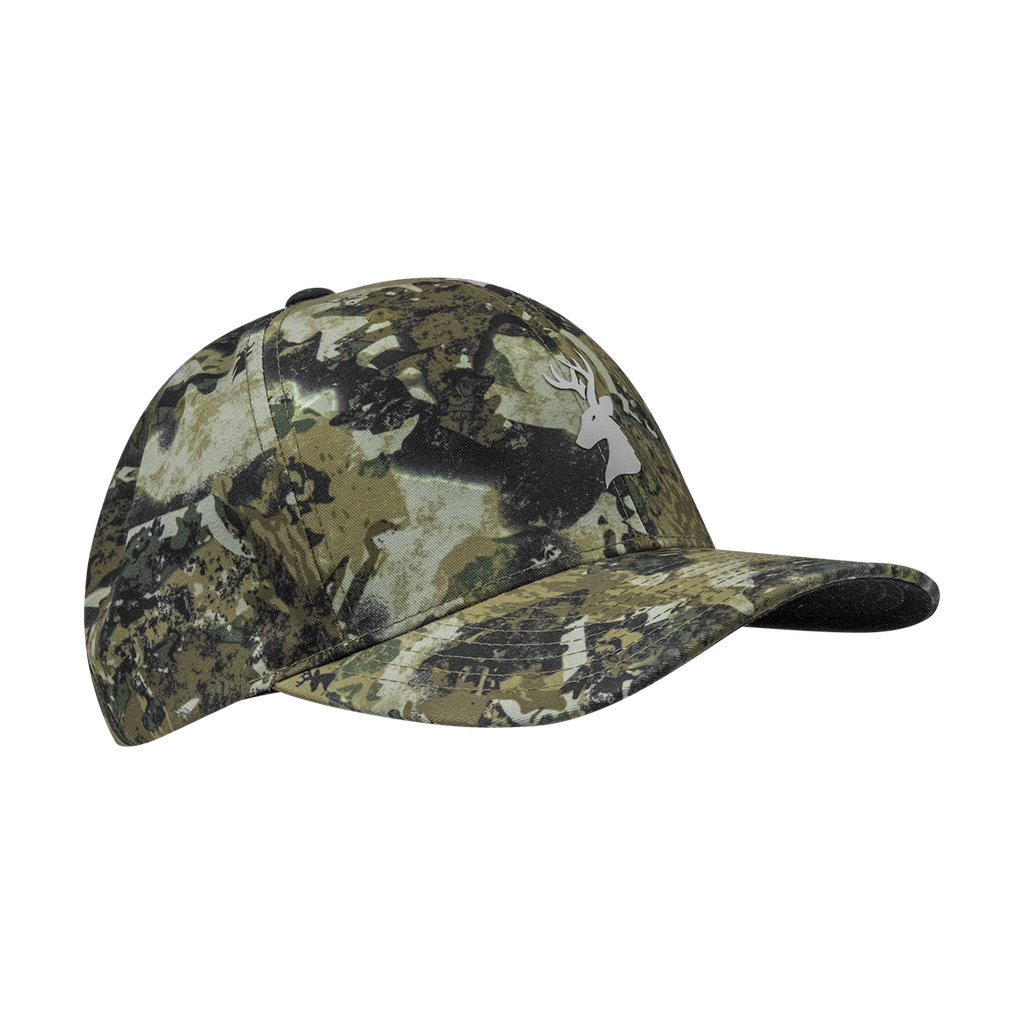 Spika Ranger adult Flexfit cap in Biarri Camo, three-quarter view with white deer head logo