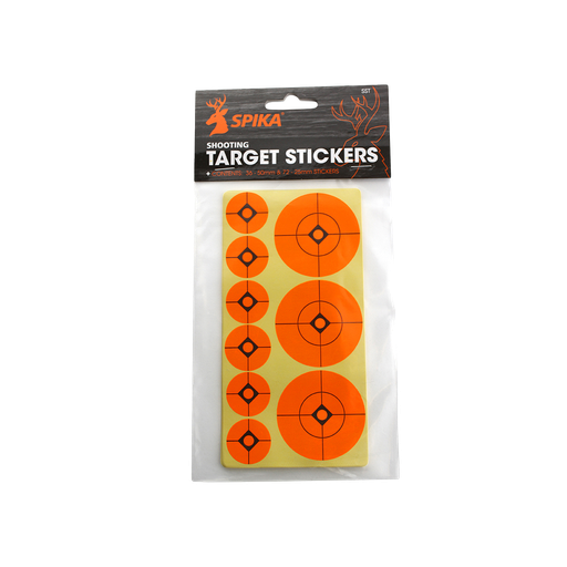 Spika 2 inch and 1 inch adhesive shooting target stickers in fluoro orange, packaged
