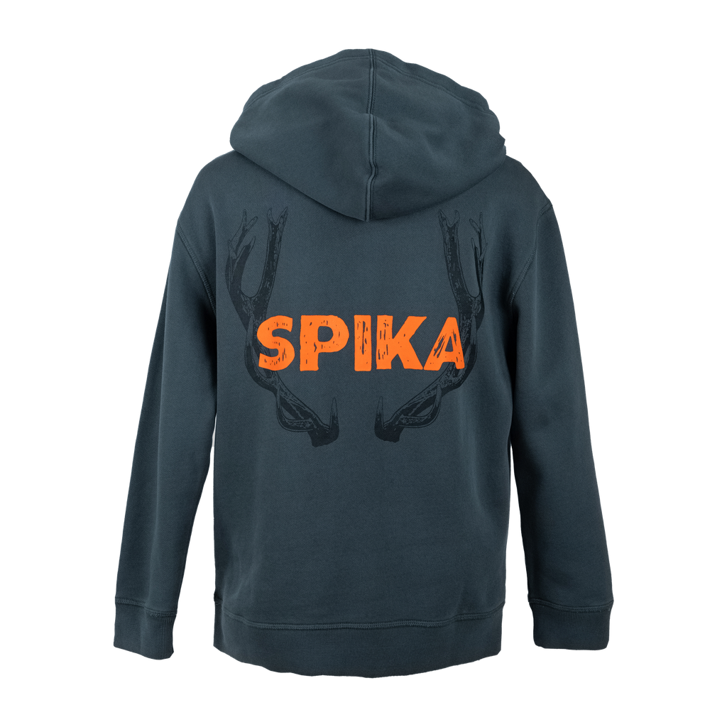 Spika Red Stag men's hoodie in Washed Pine, back view with orange Spika logo and antler print