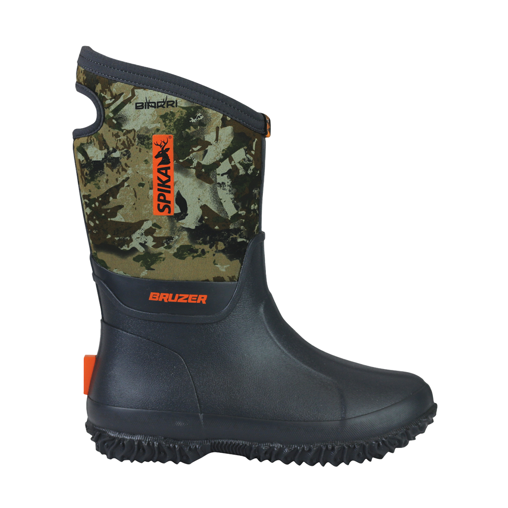 Spika Bruzer kids gumboot in Biarri Camo and Charcoal with neoprene upper and orange Spika logo