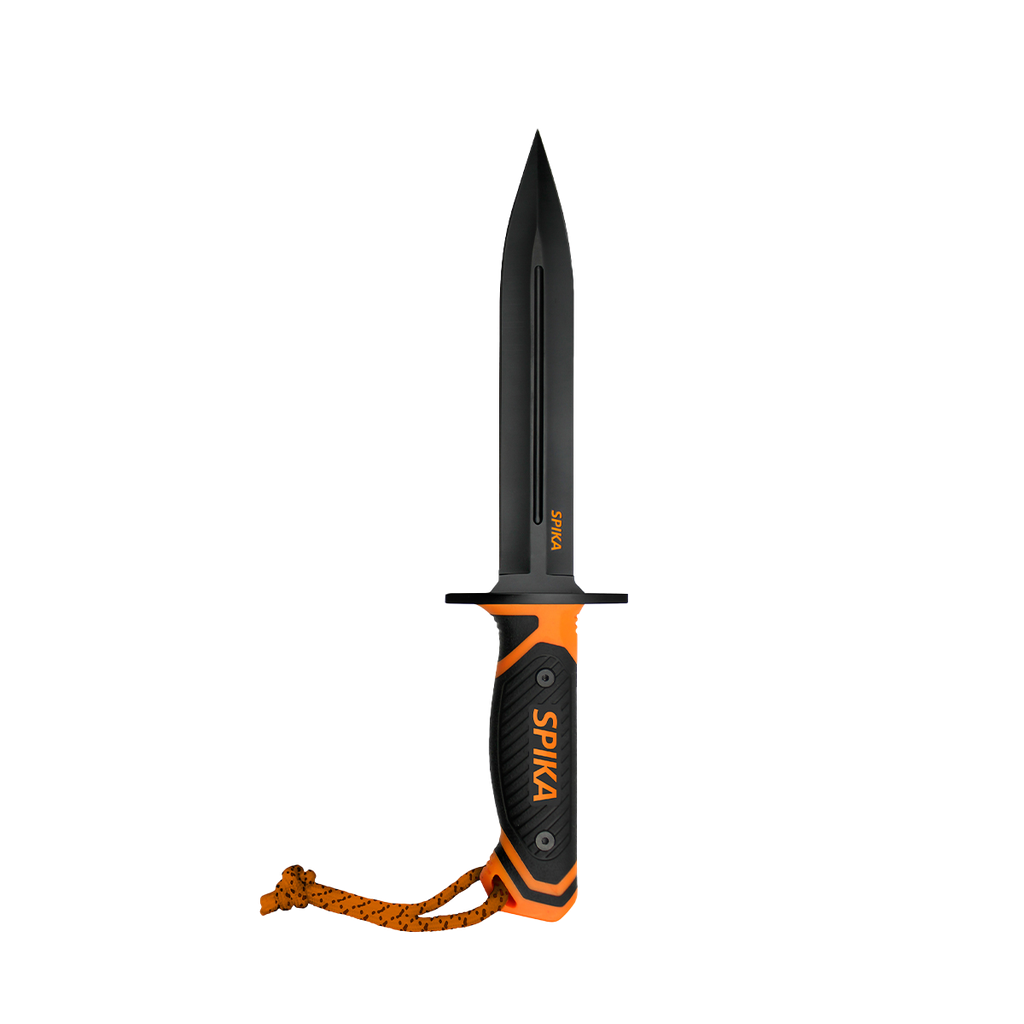 Spika Command pig sticker dagger with black double-edged blade, orange guard and lanyard