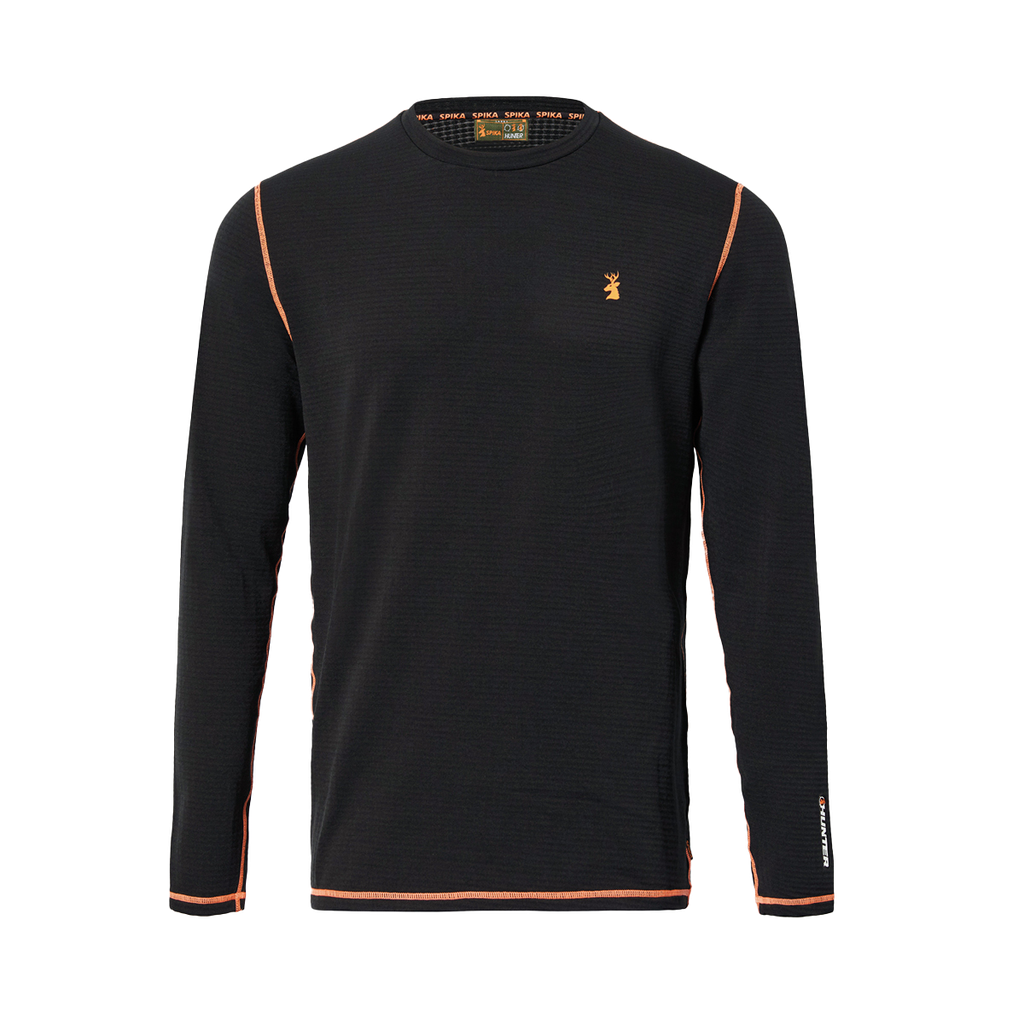 Spika ThermaFlow men's thermal base layer top in Black, front view with orange seams and stag logo