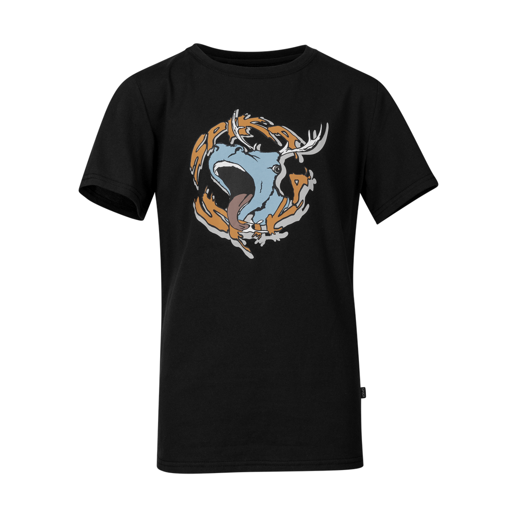Spika GO Rogue kids' T-shirt in black, front view with bellowing stag cartoon SPIKA graphic