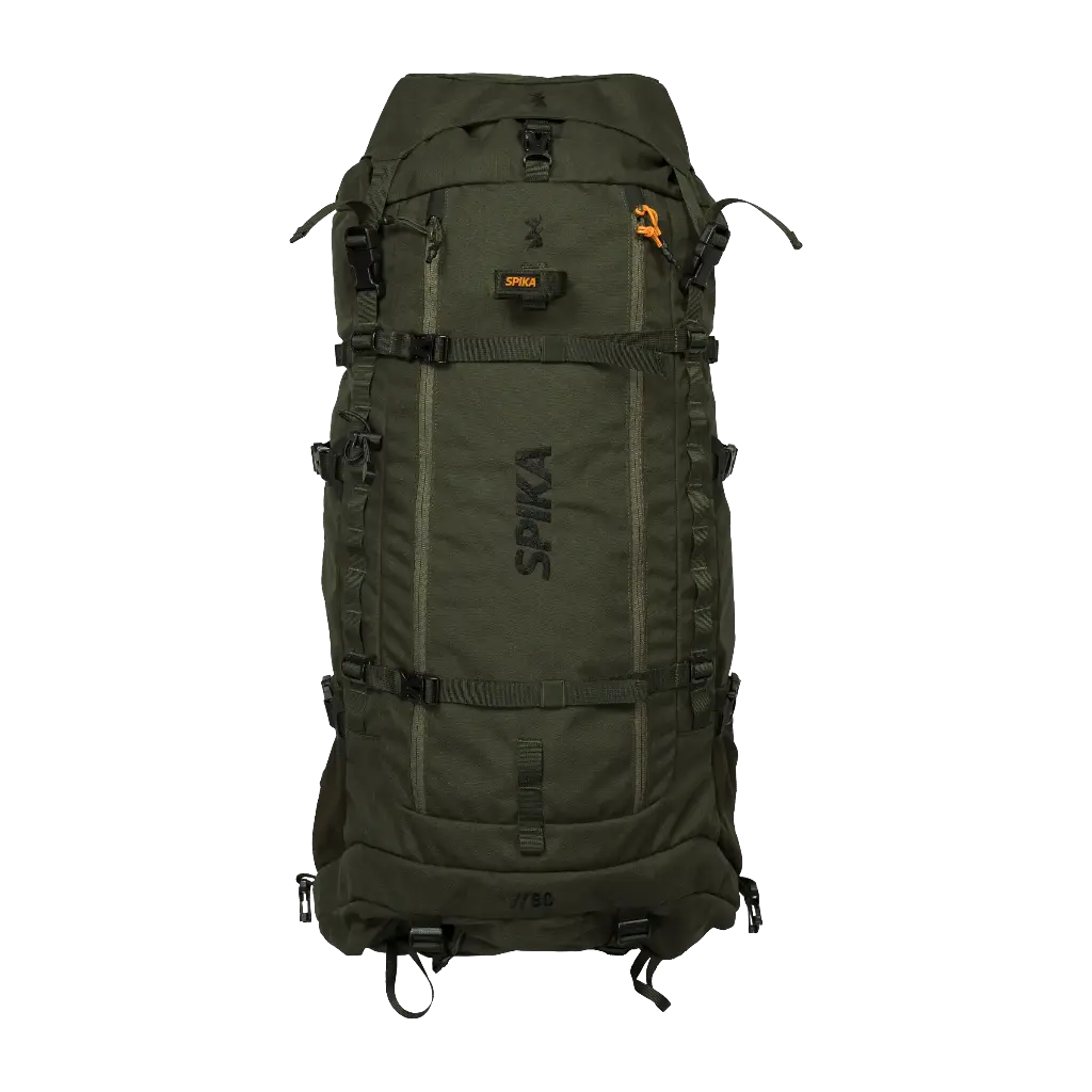 Spika Drover II Hauler 80L pack only in Olive Summit, front view of the bag with compression straps and Spika logo