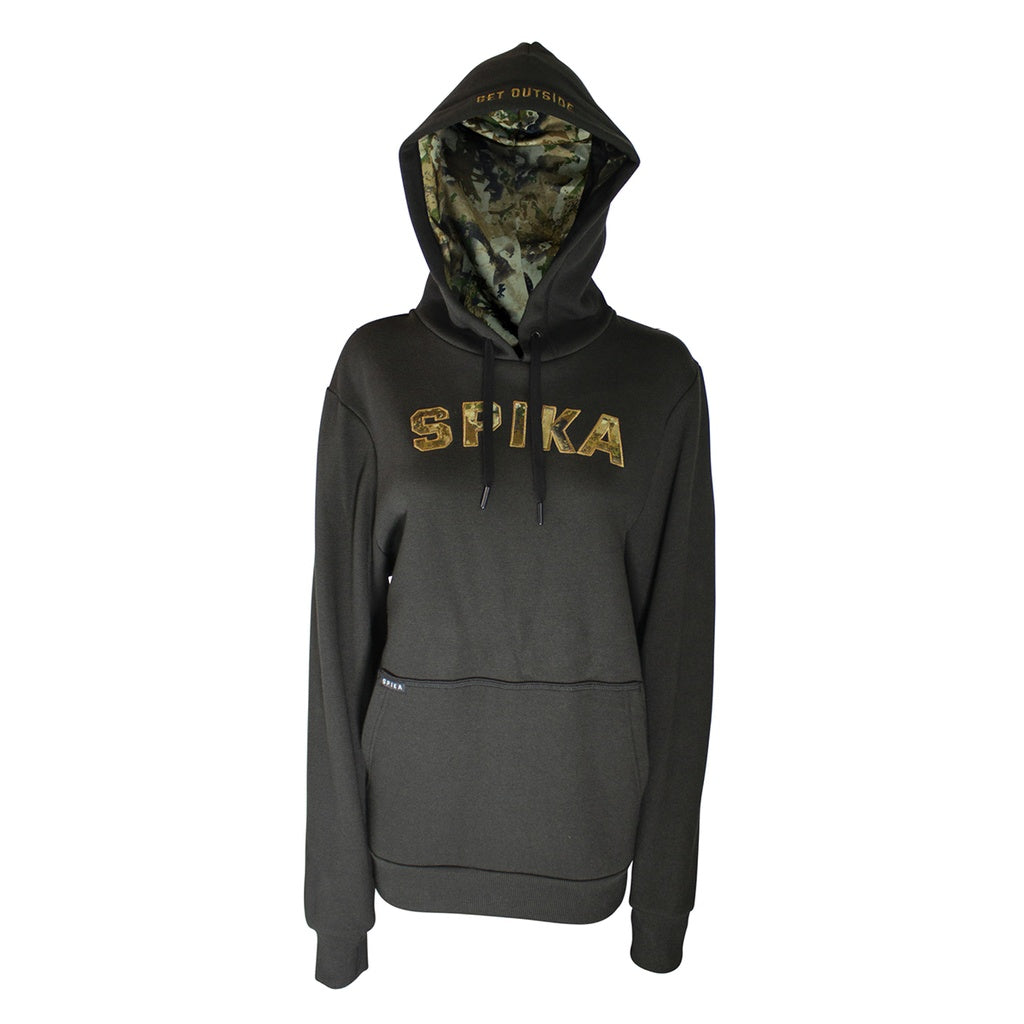 Spika GO Advance women's hoodie in black, front view with camo SPIKA logo and camo-lined hood