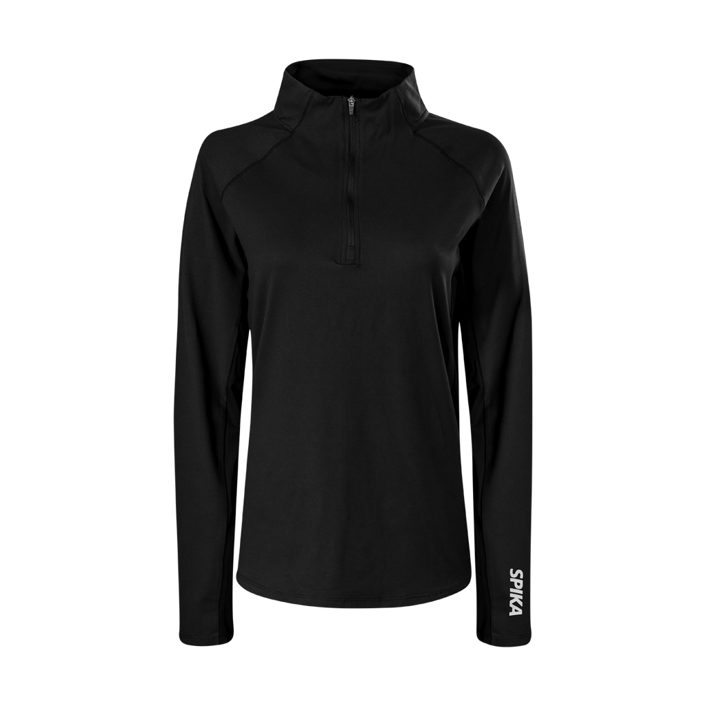 Spika GO AVP women's half-zip top in black, front view with stand collar and SPIKA cuff logo