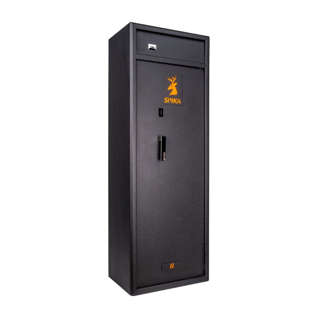 Spika S3CH large 12-gun safe, Category A/B/C/H/D, black with orange logo, three-quarter view