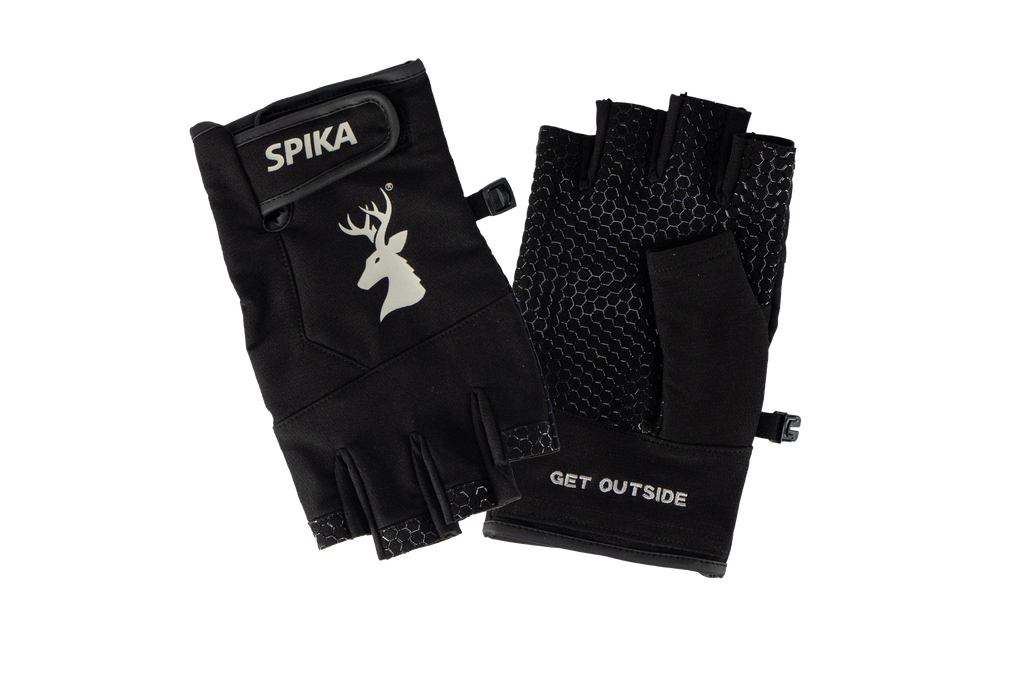Spika Precision men's fingerless gloves in Black, pair with white deer logo and grip palm