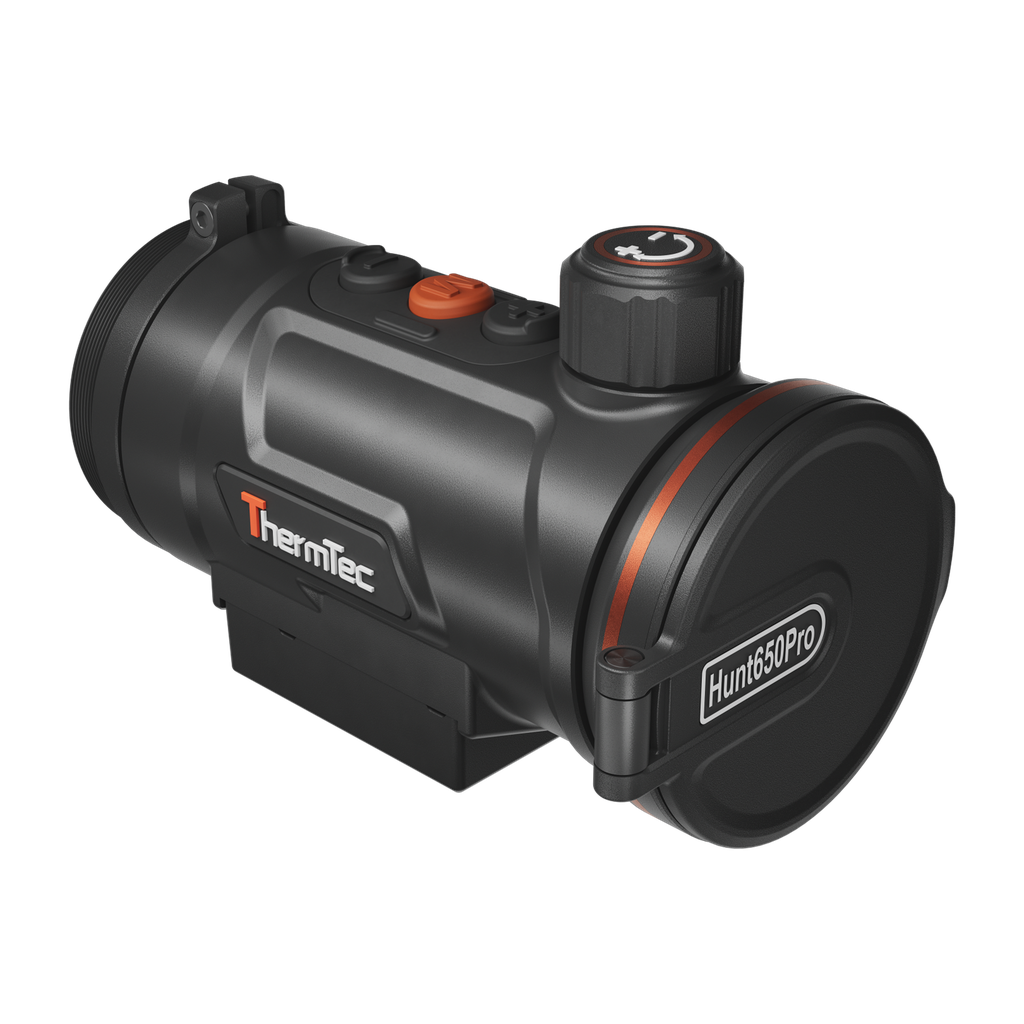 ThermTec Hunt Pro 650 thermal clip-on, front three-quarter view with Hunt650Pro lens cap closed