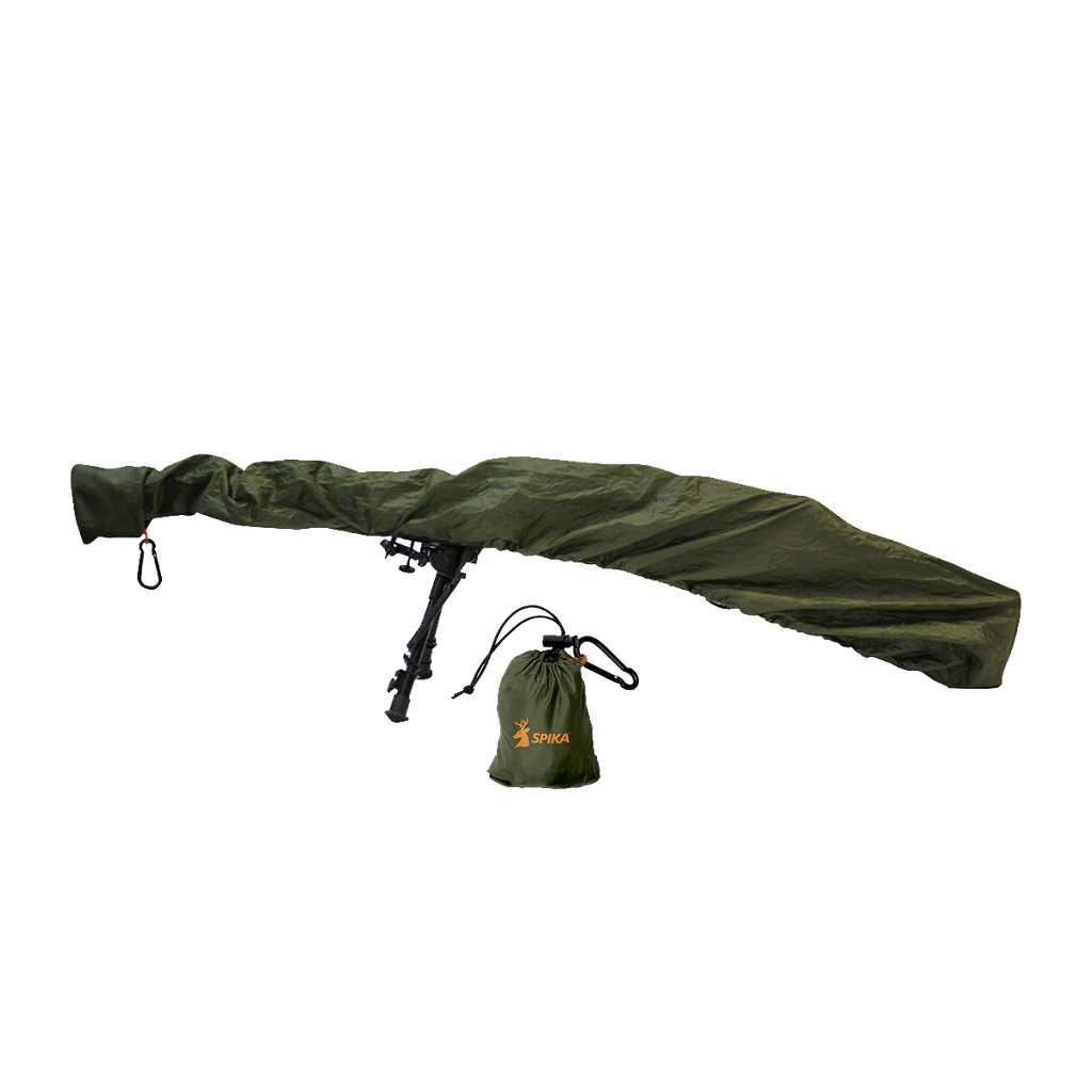 Spika 52in gun rain cover in green fitted over a scoped rifle, with stuff sack
