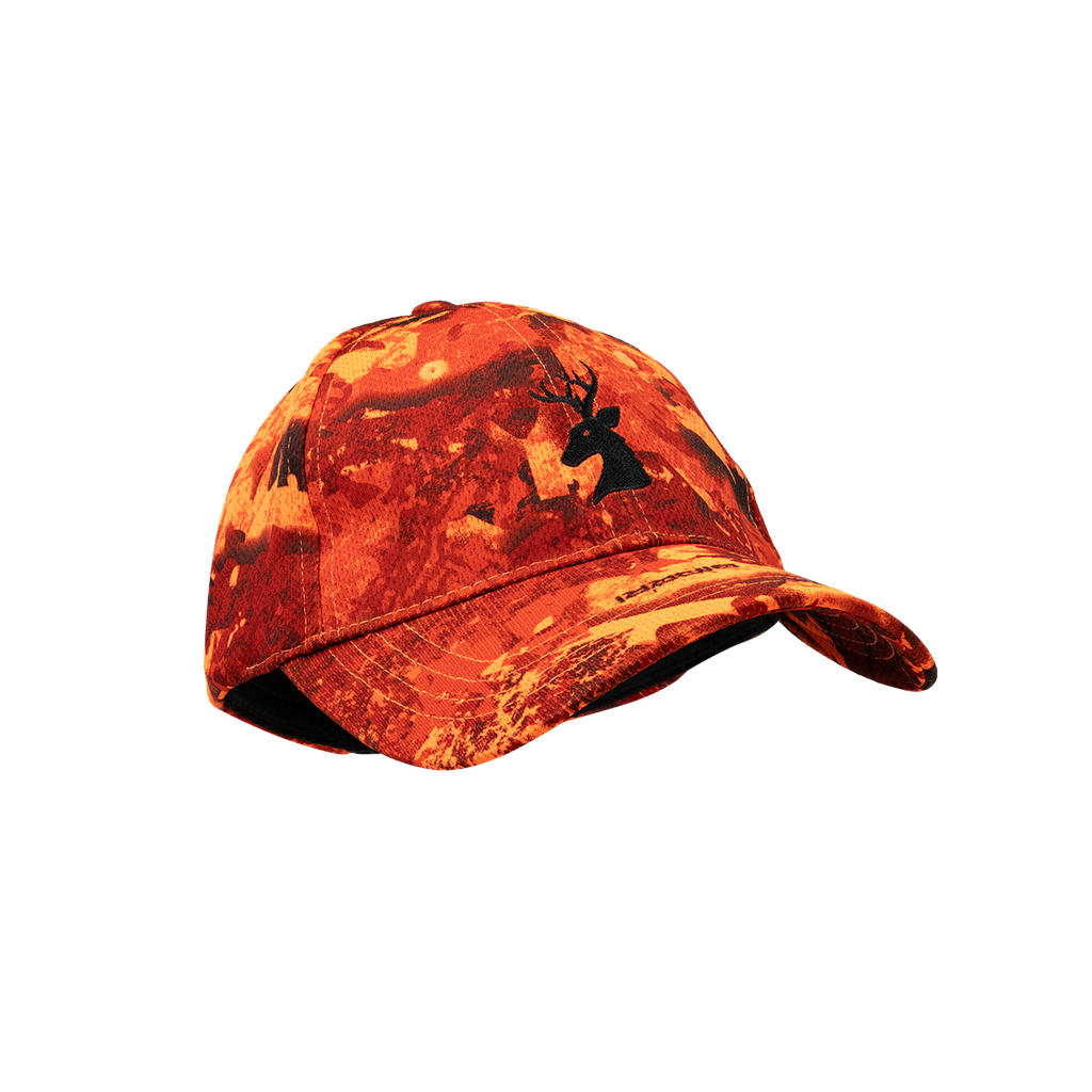 Spika Ranger adult hunting cap in Biarri Blaze orange camo, three-quarter view with deer logo