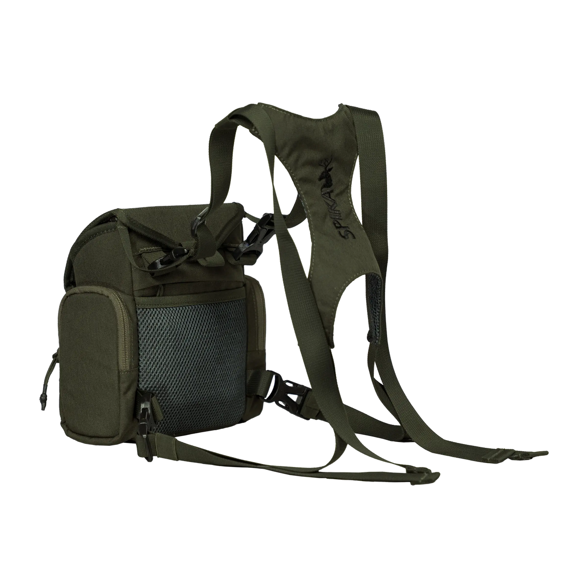 Spika Drover II bino pack in Olive Summit, three-quarter view with harness and mesh pocket