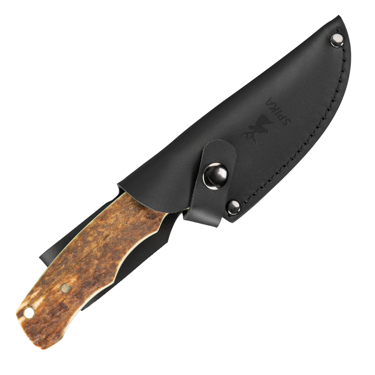 Spika Bushmaster Jeremiah knife sheathed in its black leather sheath with snap retention strap