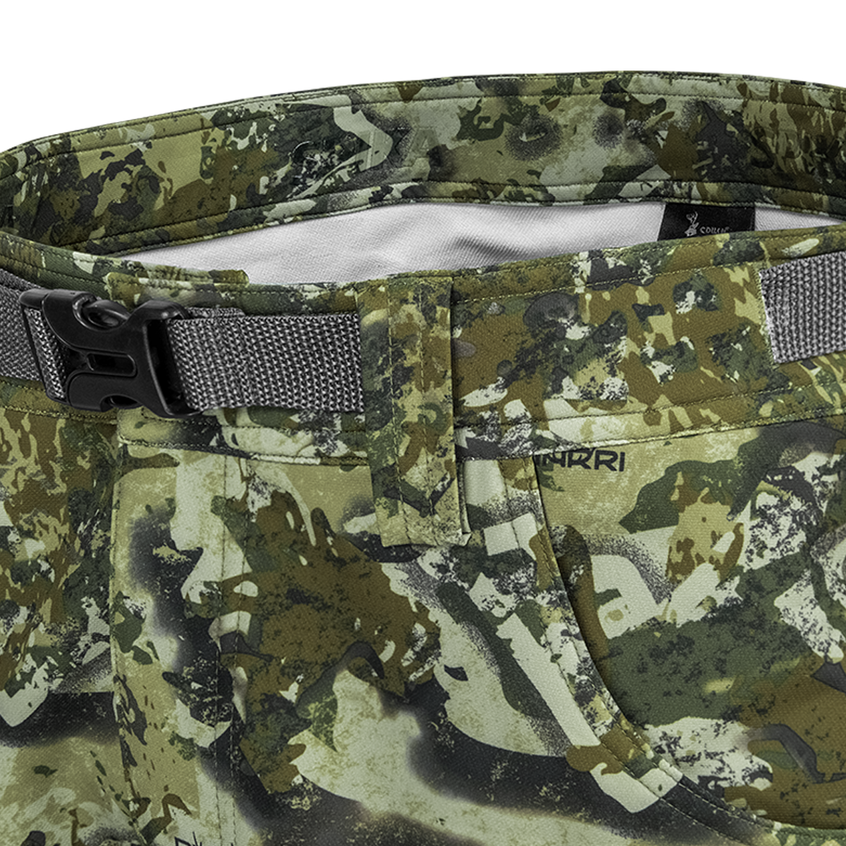 Spika Recon men's pants in Biarri Camo, close-up of waistband with grey webbing belt and buckle