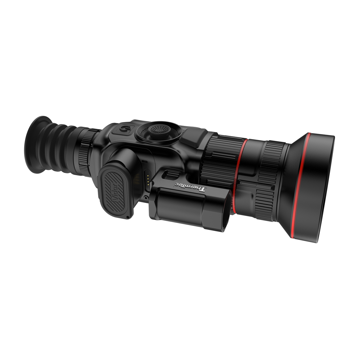 ThermTec Vidar-LRF 660L 2.0 thermal compact scope, three-quarter view with objective focus barrel extended