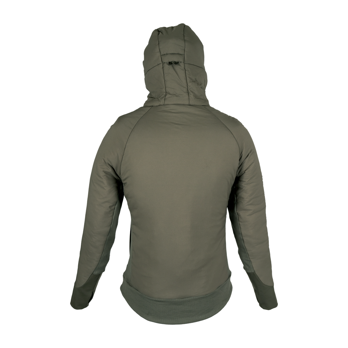 Spika Aura women's Dusky Green hybrid puffer jacket, back view showing the hood and quilted panels