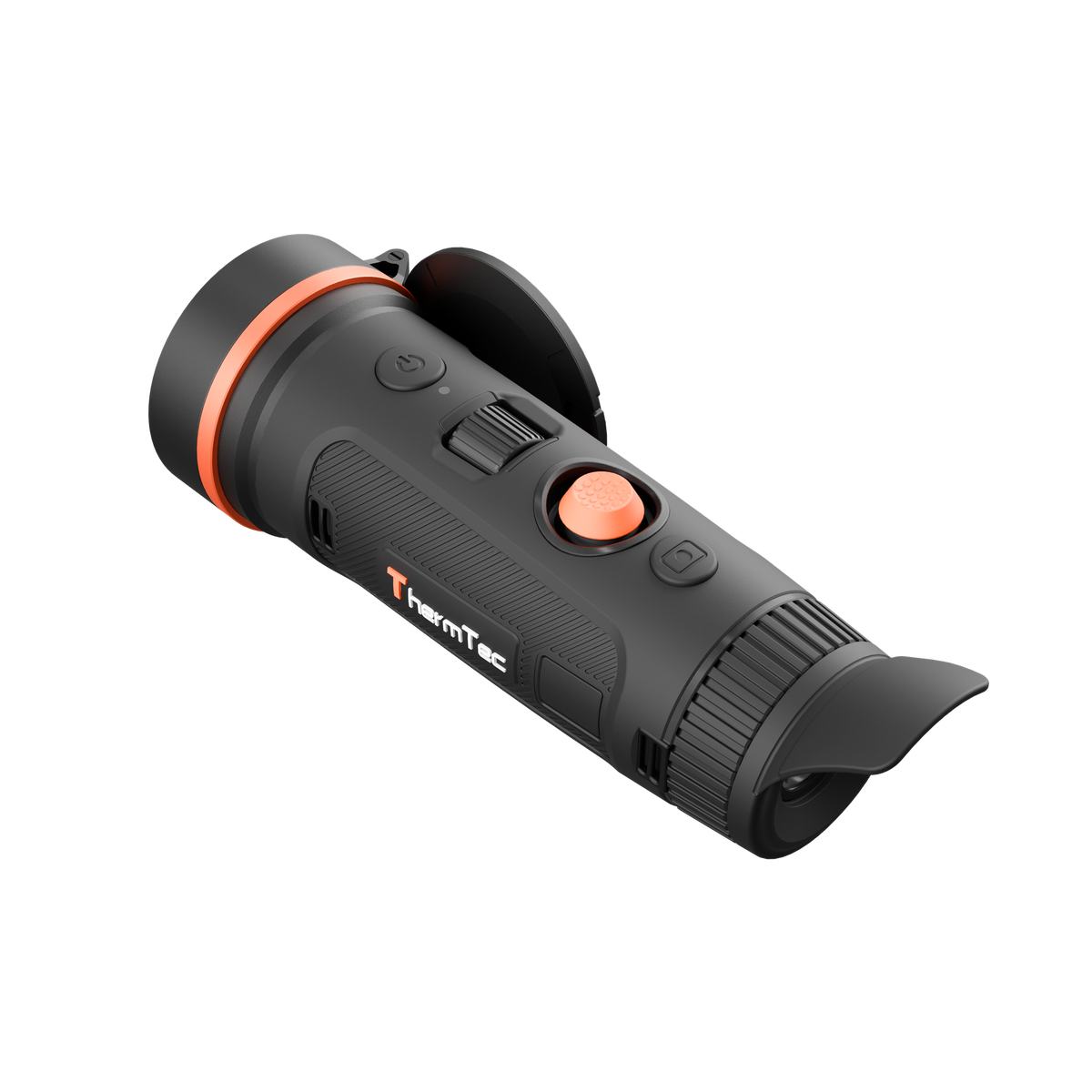 ThermTec Wild 650L Pro thermal monocular, rear three-quarter view of extended eyecup and ThermTec logo
