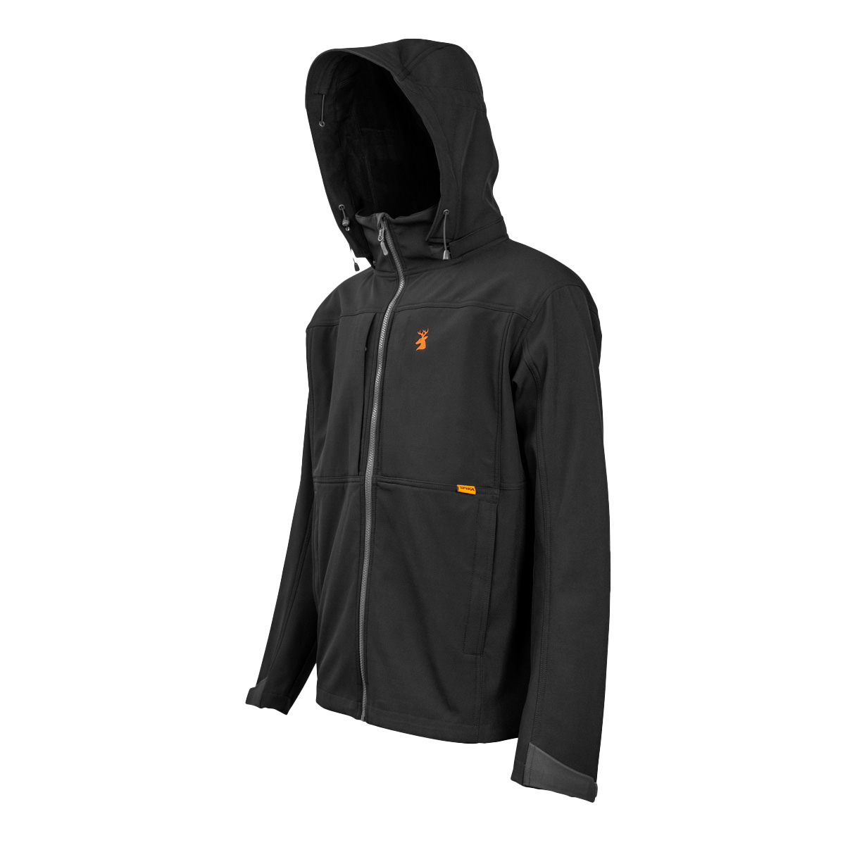 Spika GO men's softshell jacket in Black, three-quarter view with hood and orange chest logo