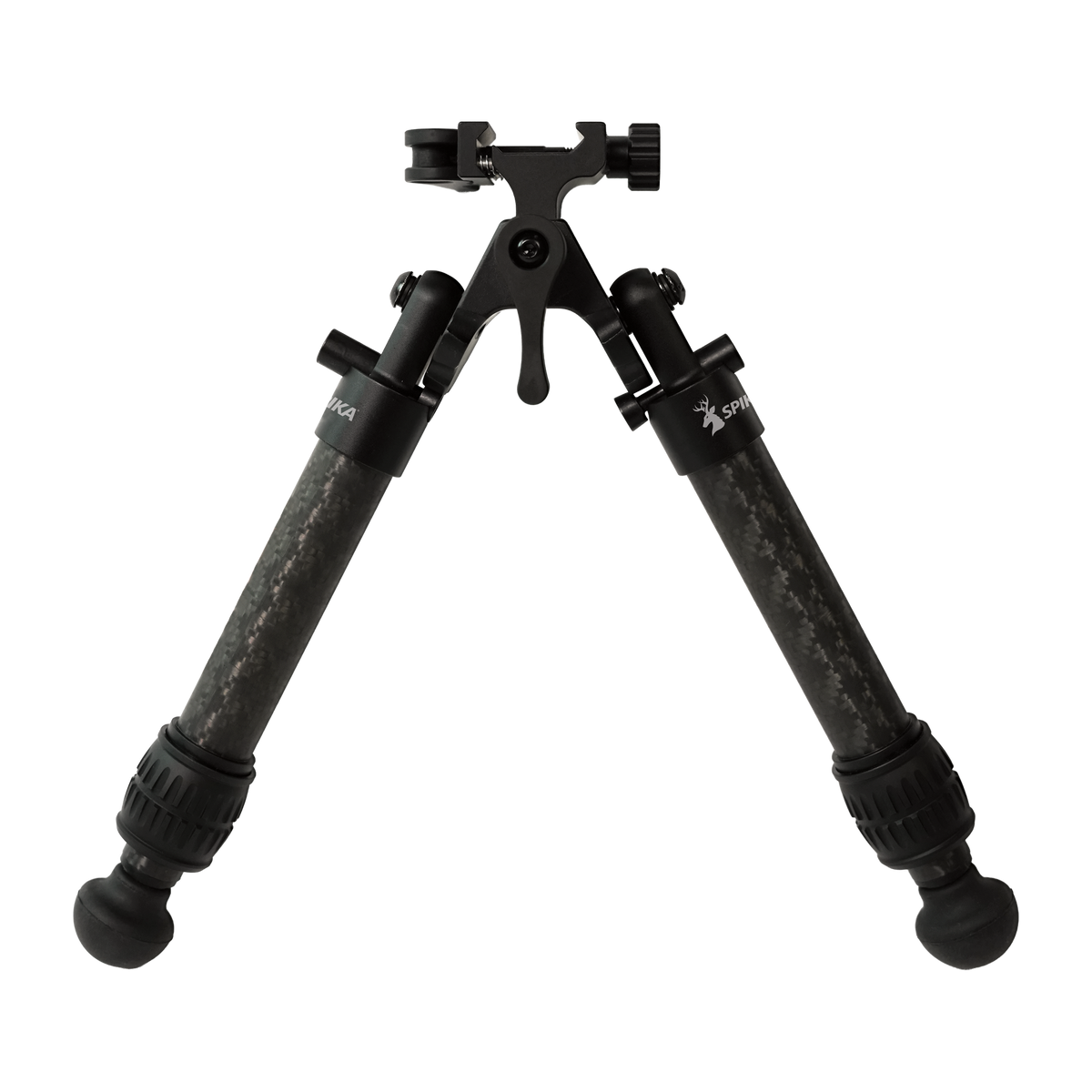 Spika Velocity Carbon Bipod 7-10in, front view with carbon fibre legs and picatinny clamp