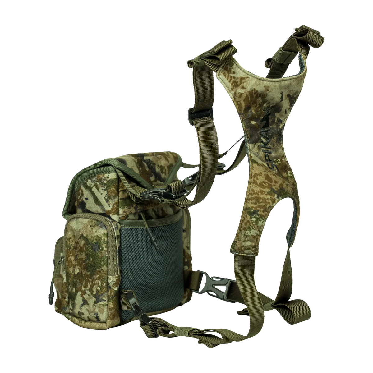 Spika Drover II bino pack in Biarri Camo, three-quarter view with harness and mesh pocket