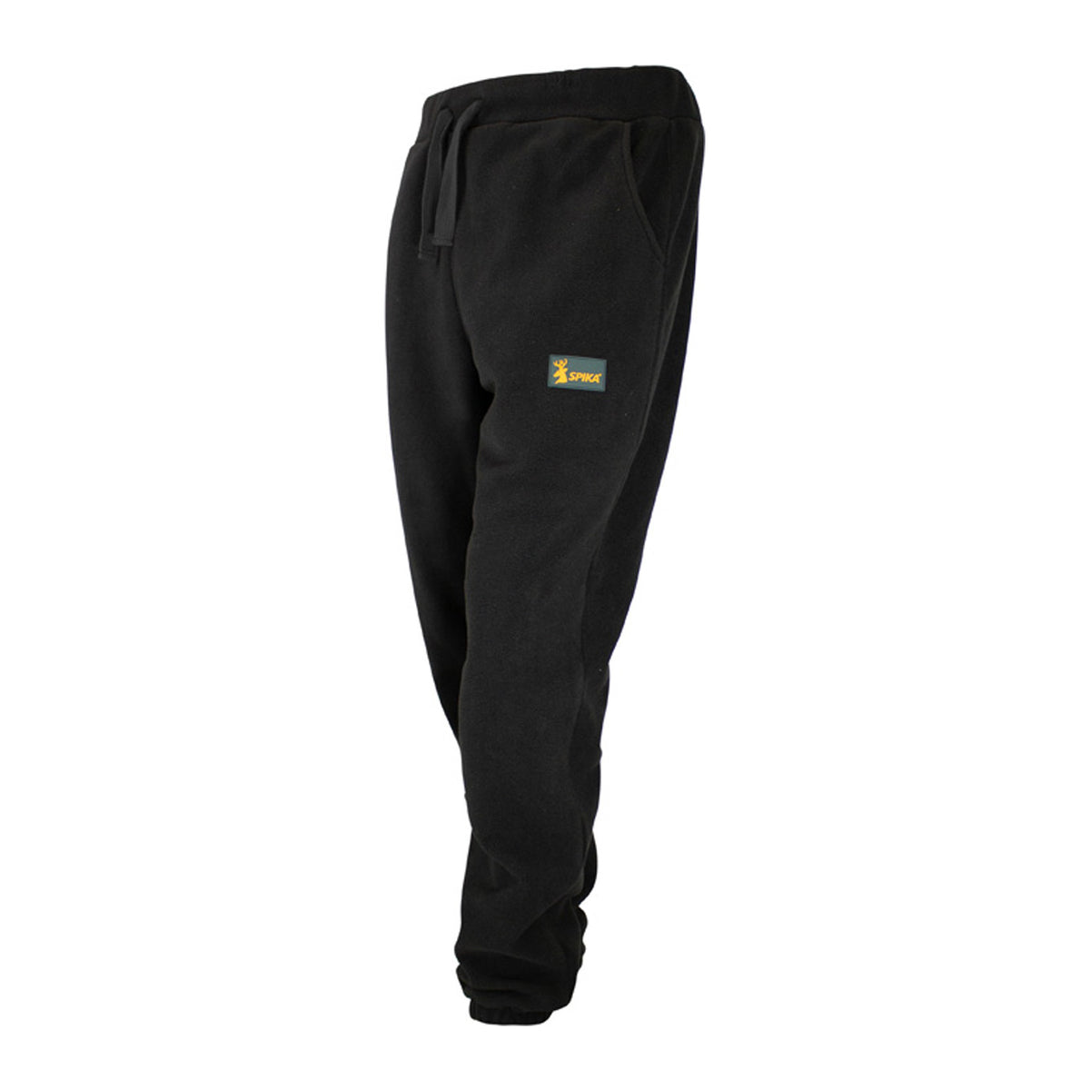 Spika GO men's tracksuit pants in Black, three-quarter view showing the Spika patch on the leg