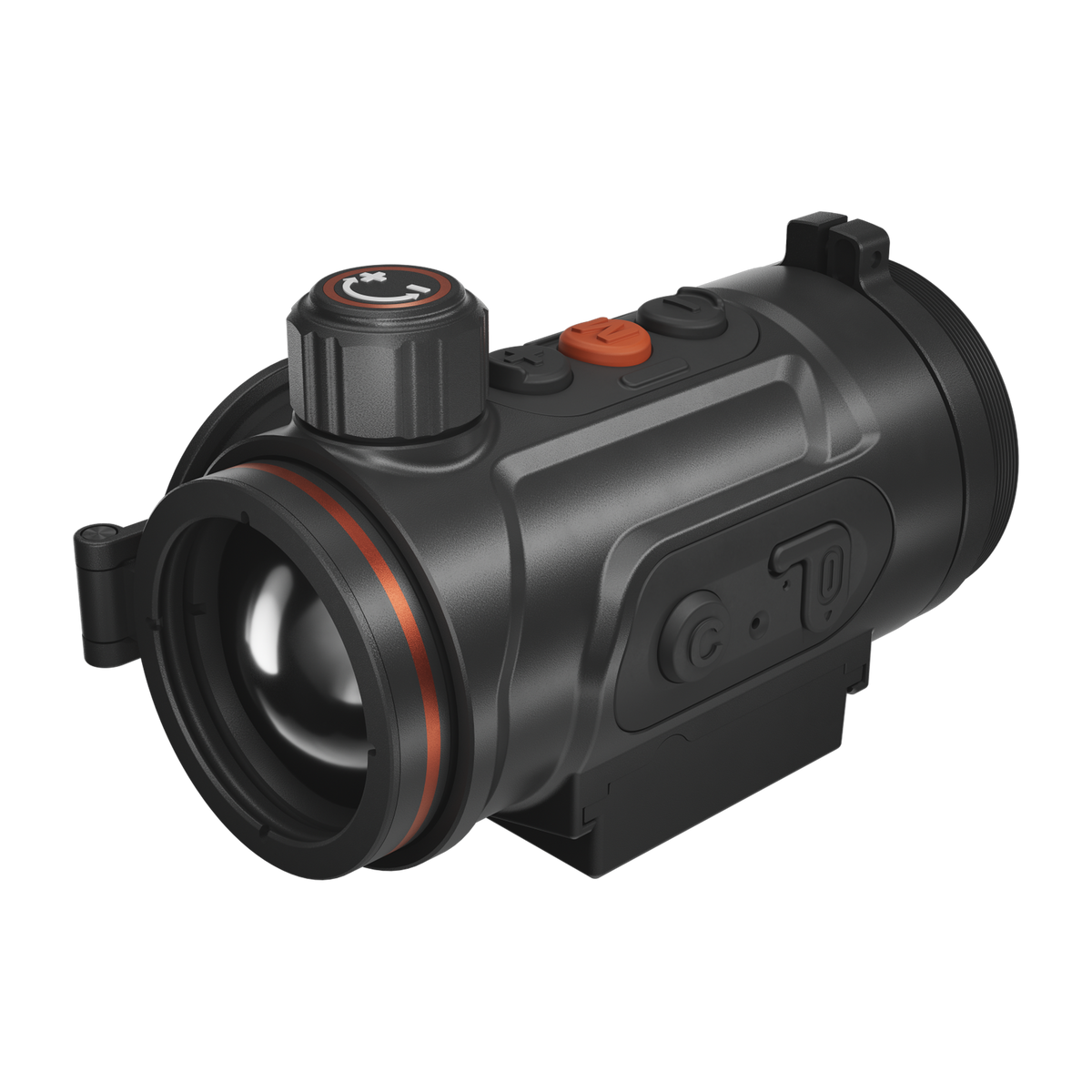 ThermTec Hunt Pro 635 thermal clip-on, front three-quarter view of objective lens and control dial