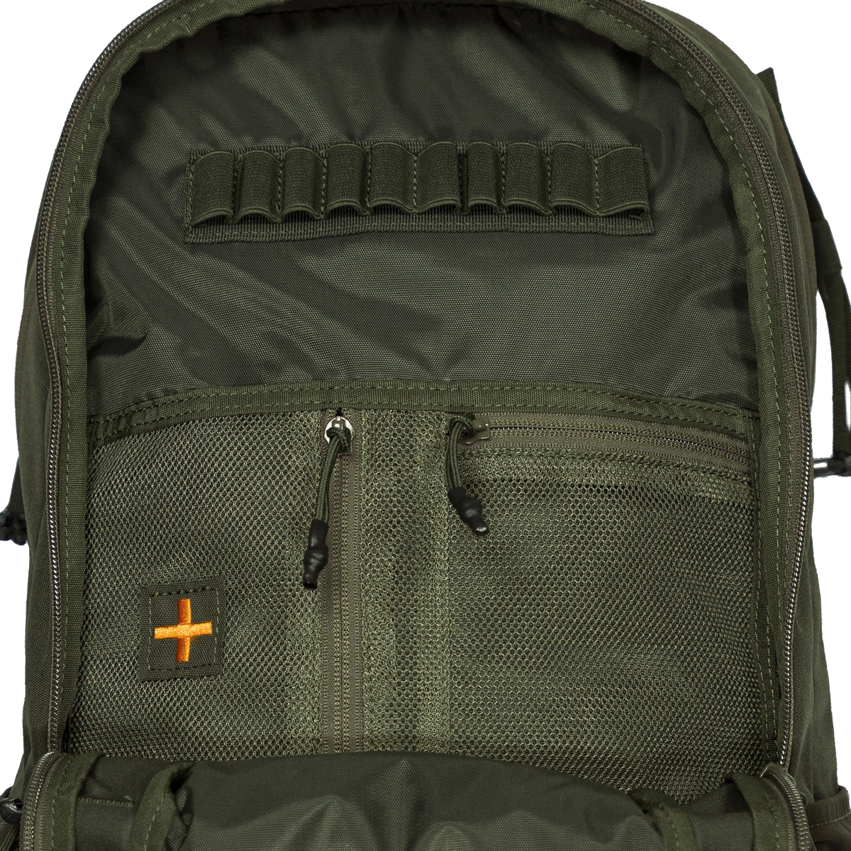 Spika Drover II Pro Pack 35L in Olive Summit, interior organiser with cartridge loops and zip mesh pockets
