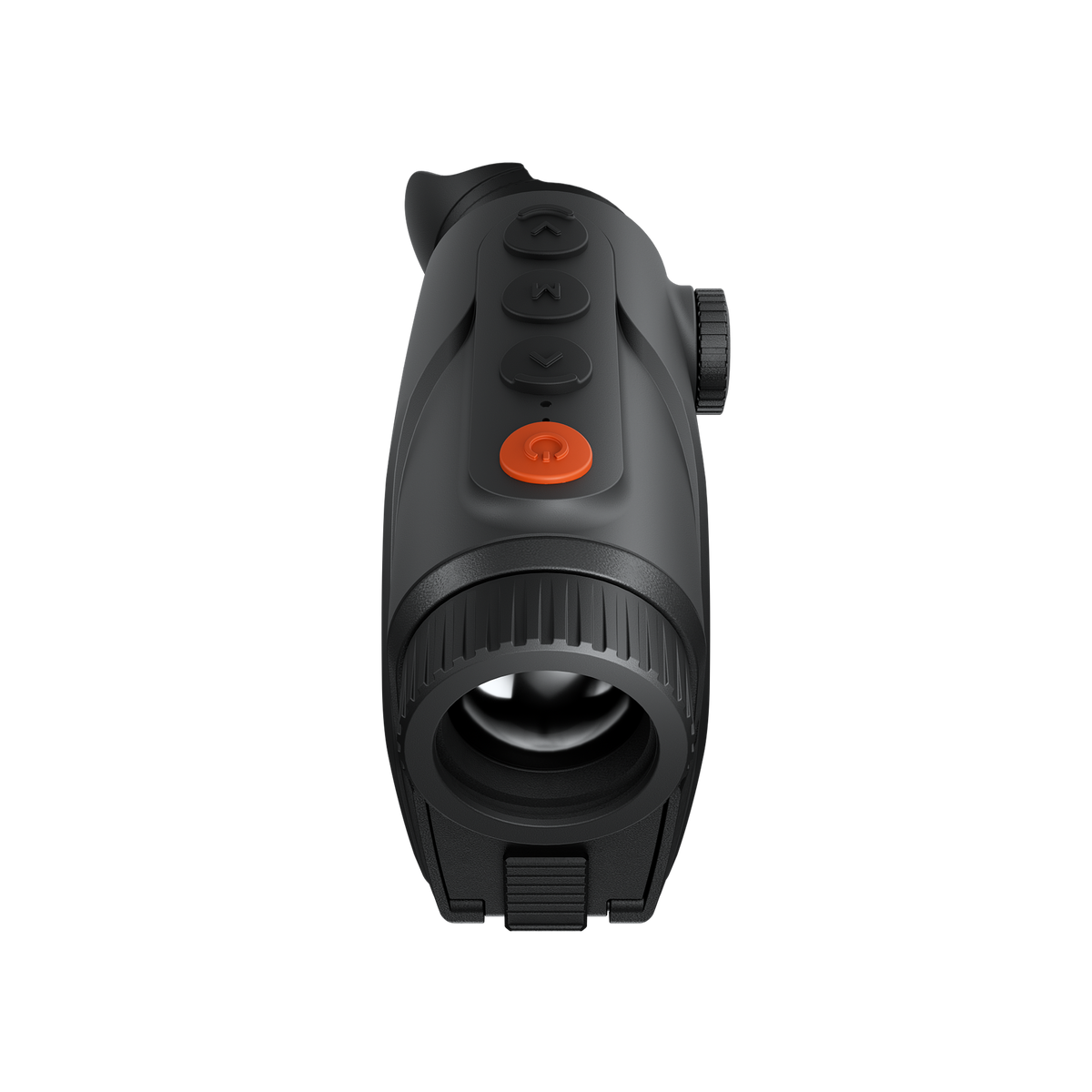 ThermTec Cyclone 625 thermal monocular, top view of buttons and orange power key above the lens