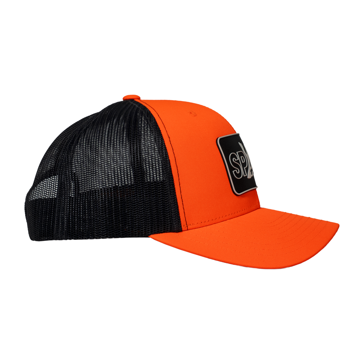Spika Cast Antler patch trucker cap in Blaze/Charcoal, side view of blaze front and mesh