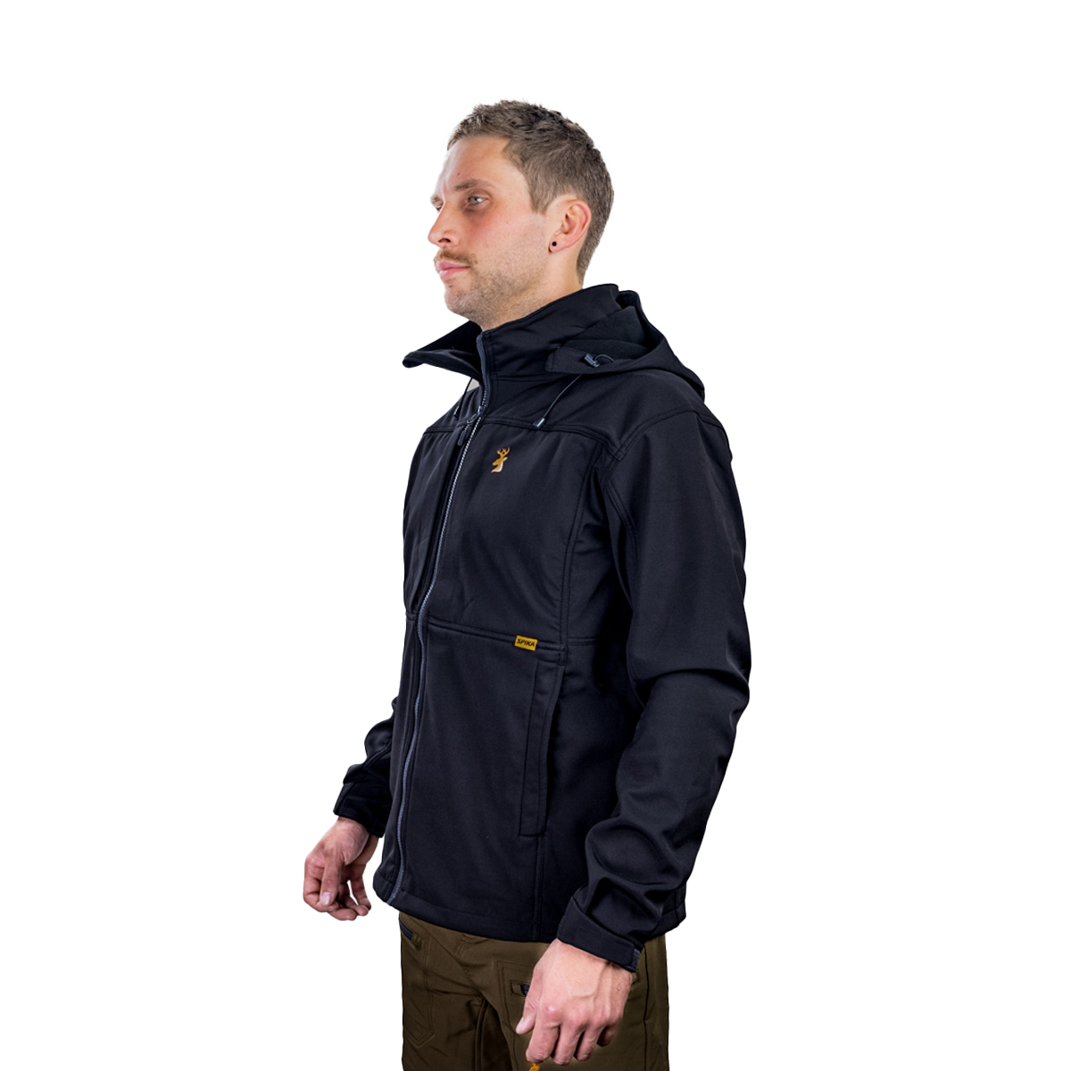 Man wearing the Spika GO men's softshell jacket in Black, three-quarter side view