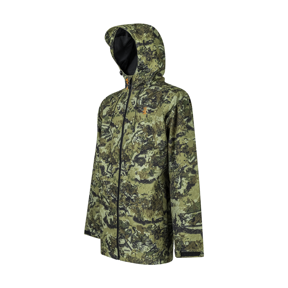 Spika Scout men's hunting jacket in Biarri Camo, three-quarter view with hood up