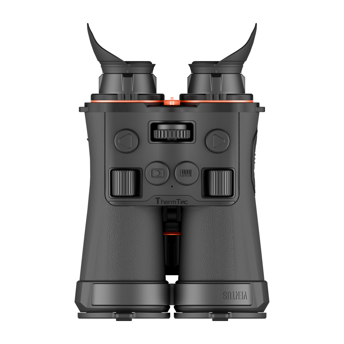 ThermTec Ventus 335L multi-spectrum binoculars, top-down view of control buttons and ThermTec logo