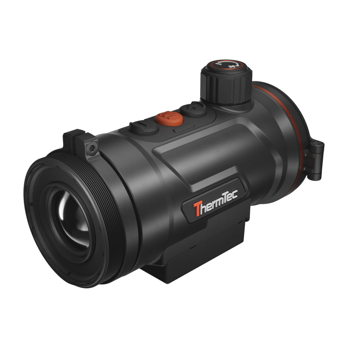 ThermTec Hunt Pro 650 thermal clip-on, three-quarter view of rear adaptor end and ThermTec logo