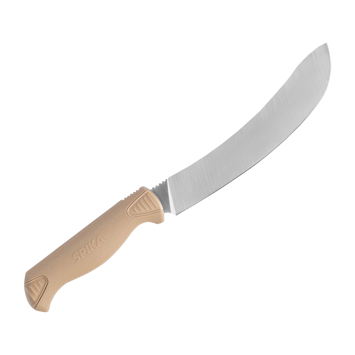 Spika Fieldcraft Cervitaur skinning knife with deep upswept blade and tan handle, blade pointing right