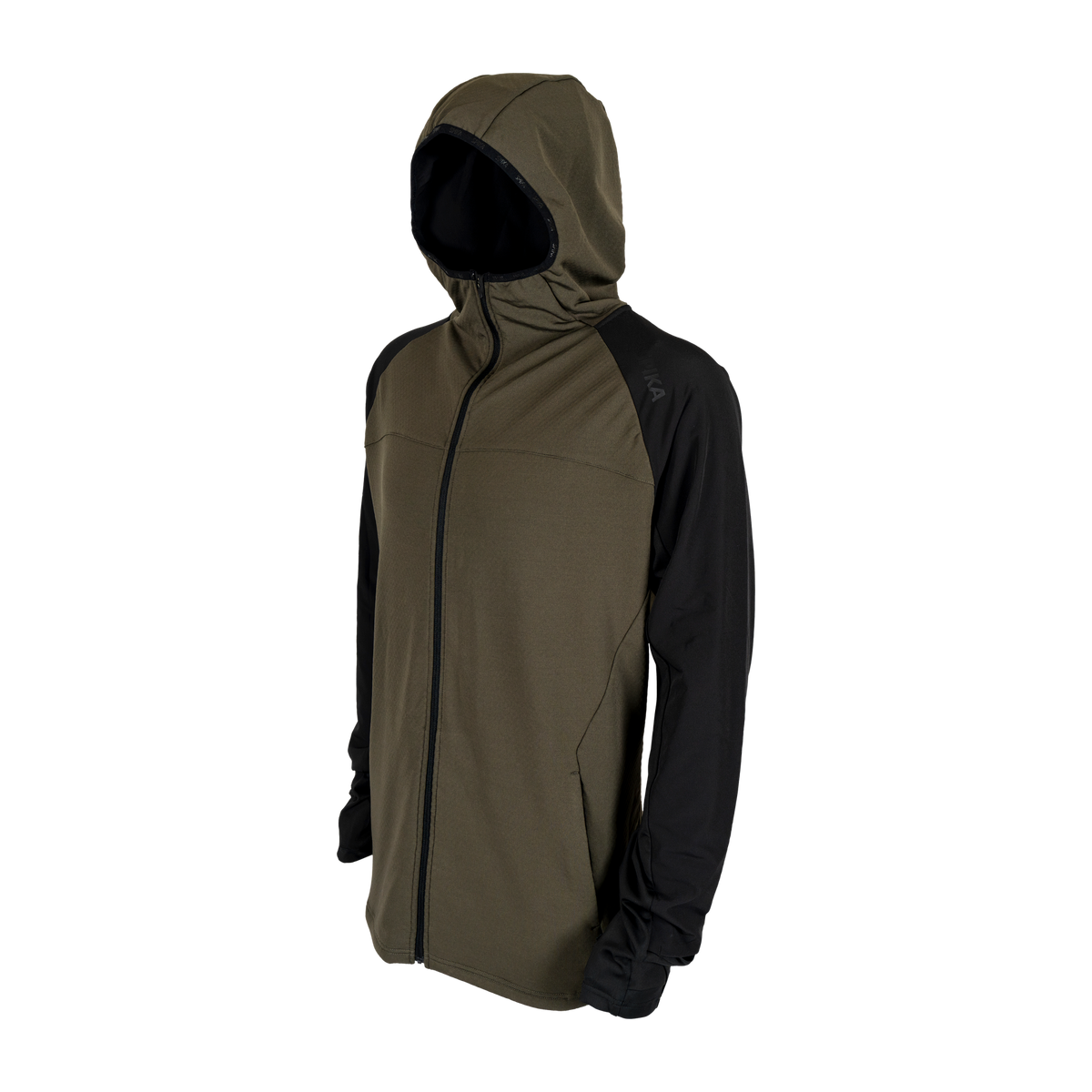 Spika men's microfleece zip-through hoodie in Olive Summit, three-quarter view with hood up
