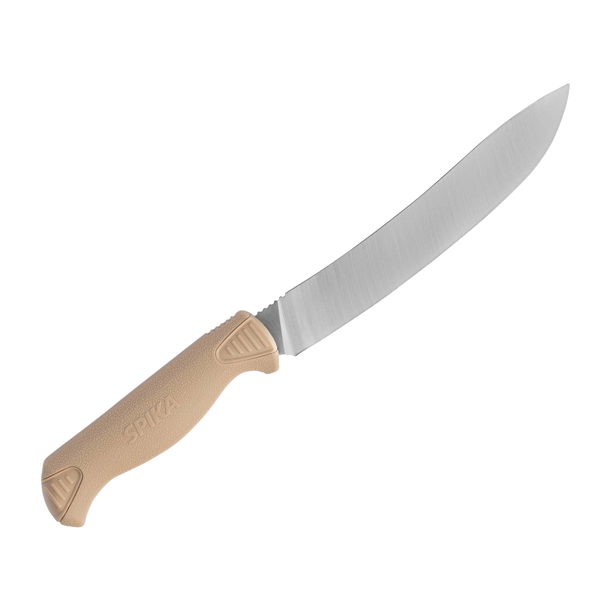 Spika Fieldcraft Cervitaur breaking knife, reverse side view with Spika moulded into the tan handle