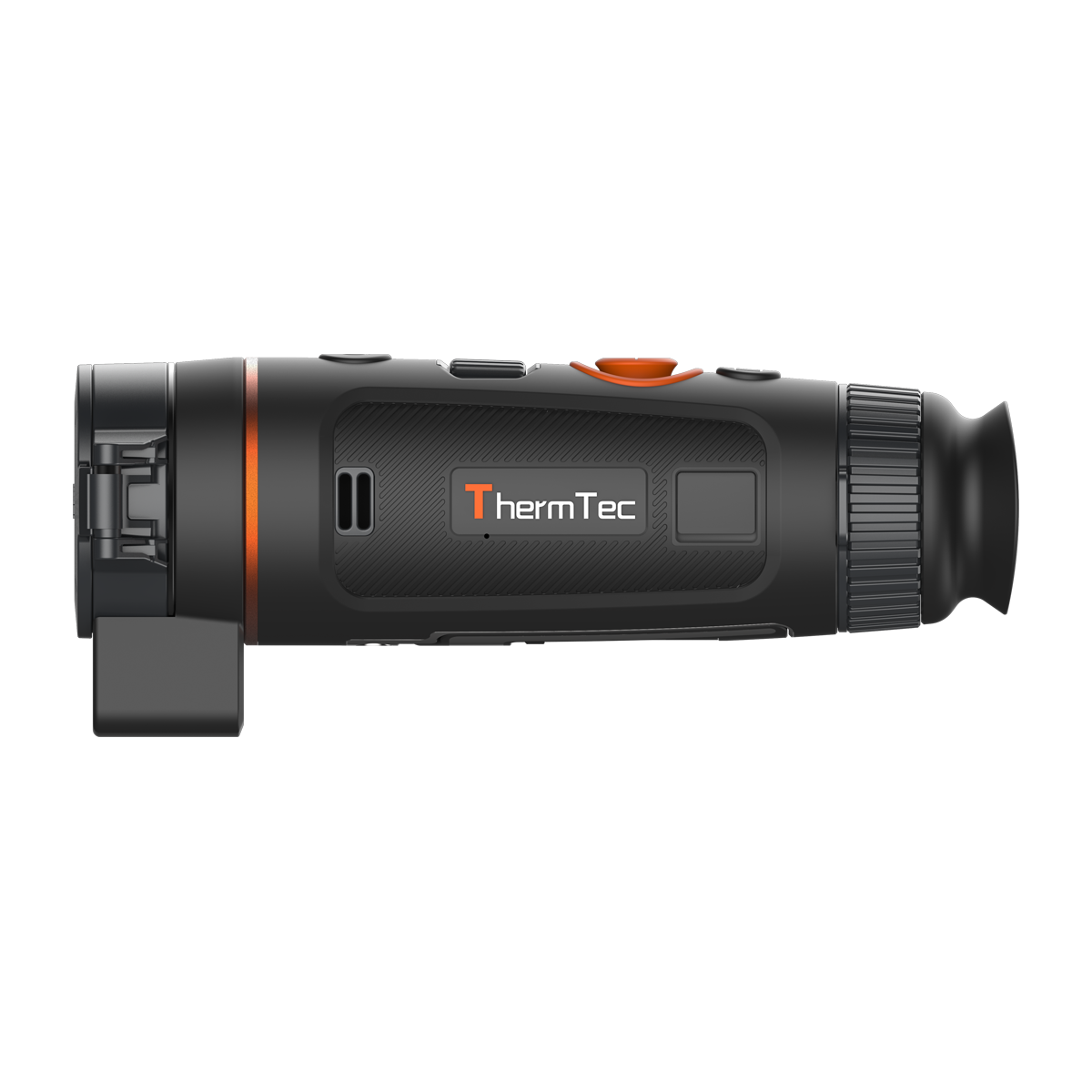 ThermTec Wild 335L thermal monocular, side profile showing ThermTec logo and laser rangefinder module