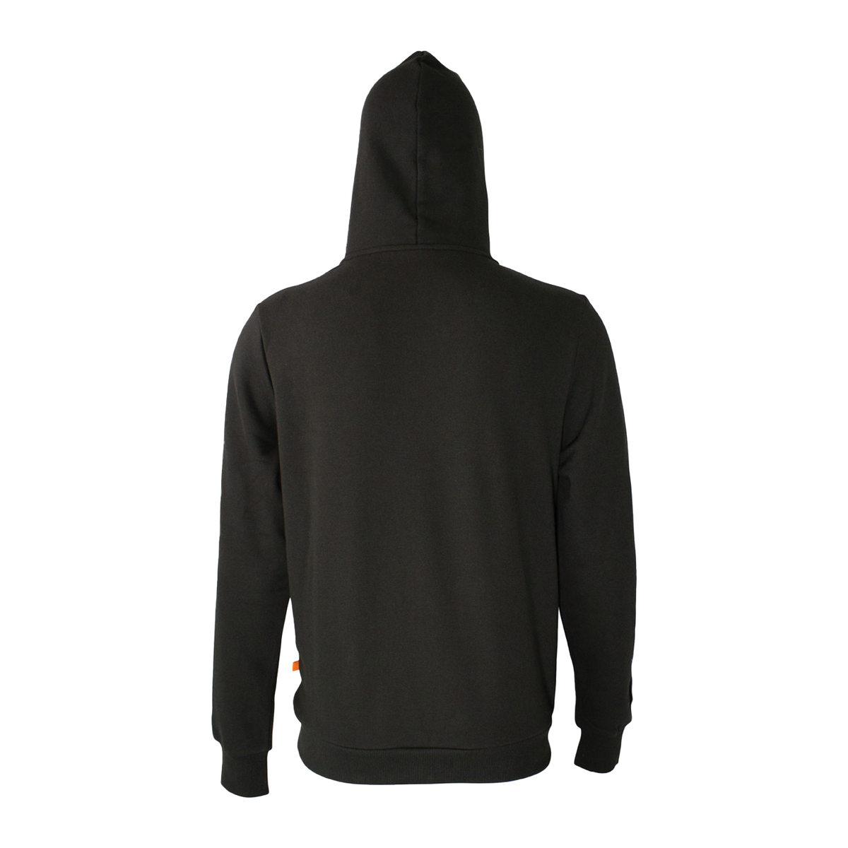 Spika GO Classic men's hoodie in black, back view of plain back and hood with orange side tab