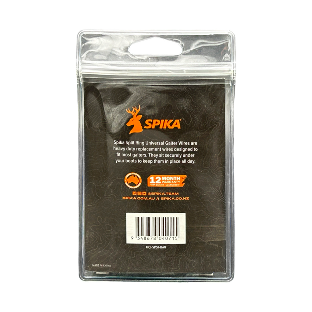 Spika universal split ring gaiter wires packaging, back view with product description