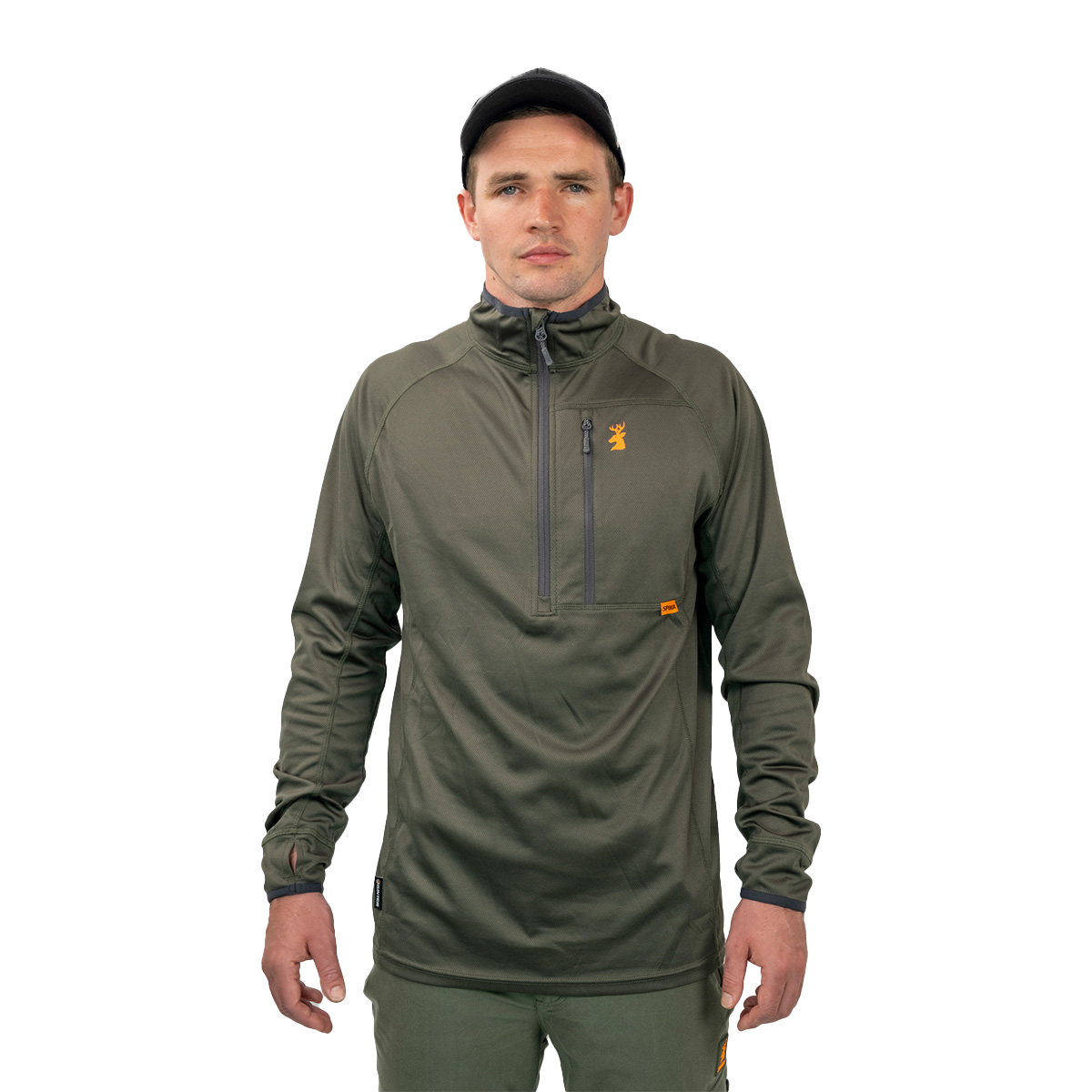 Man wearing the Spika Guide men's lightweight half-zip top in Olive, front view
